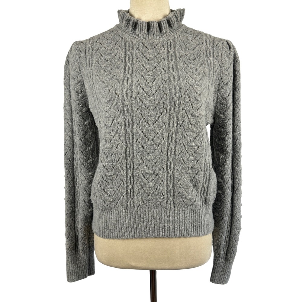 ASTR The Label Gray Ruffle‎ Mock Neck Cable Knit Sweater Wool Women's Large